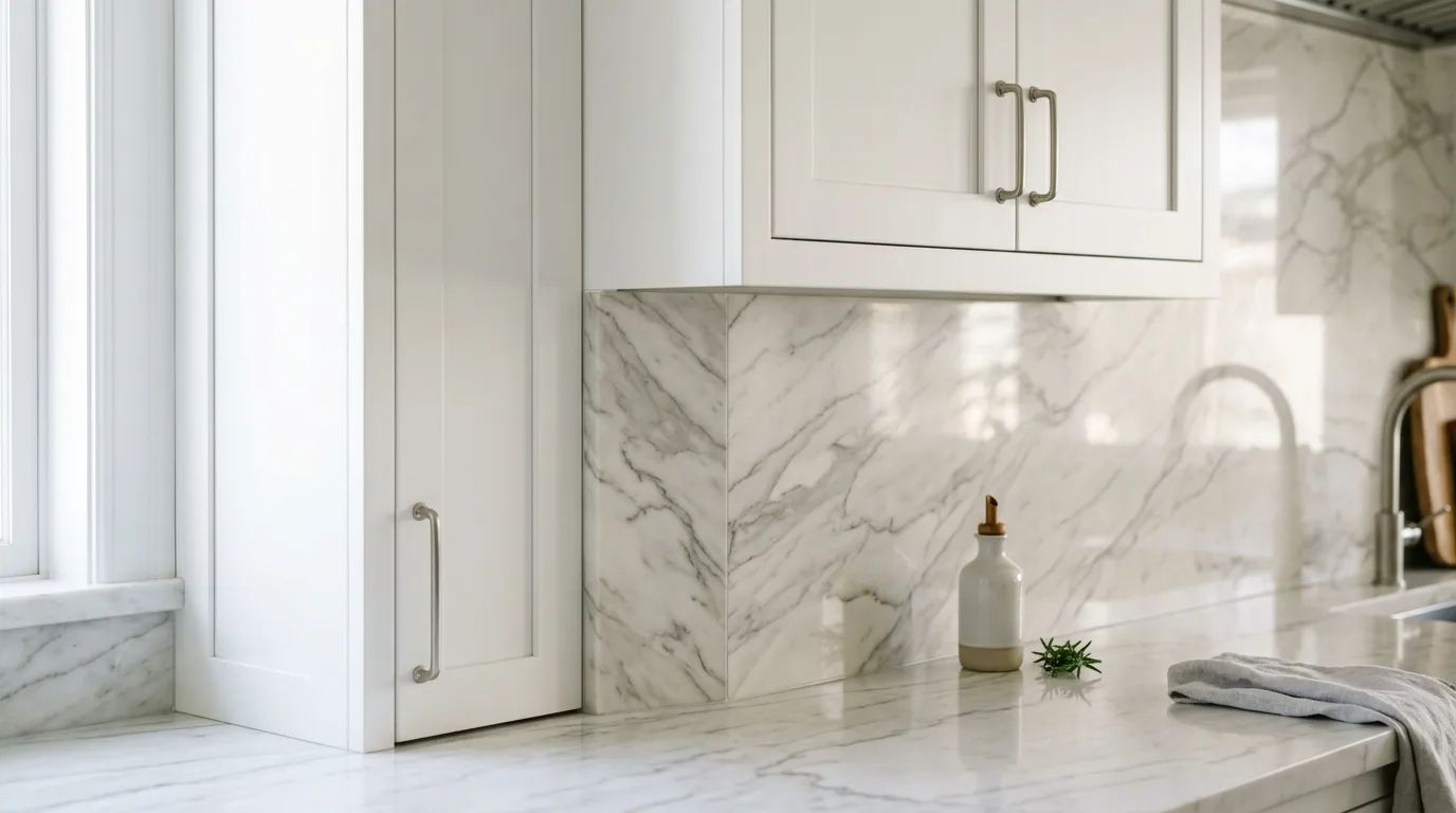 Choose marble for a softer, elevated pairing inspiration for a white kitchen with a backsplash feature.